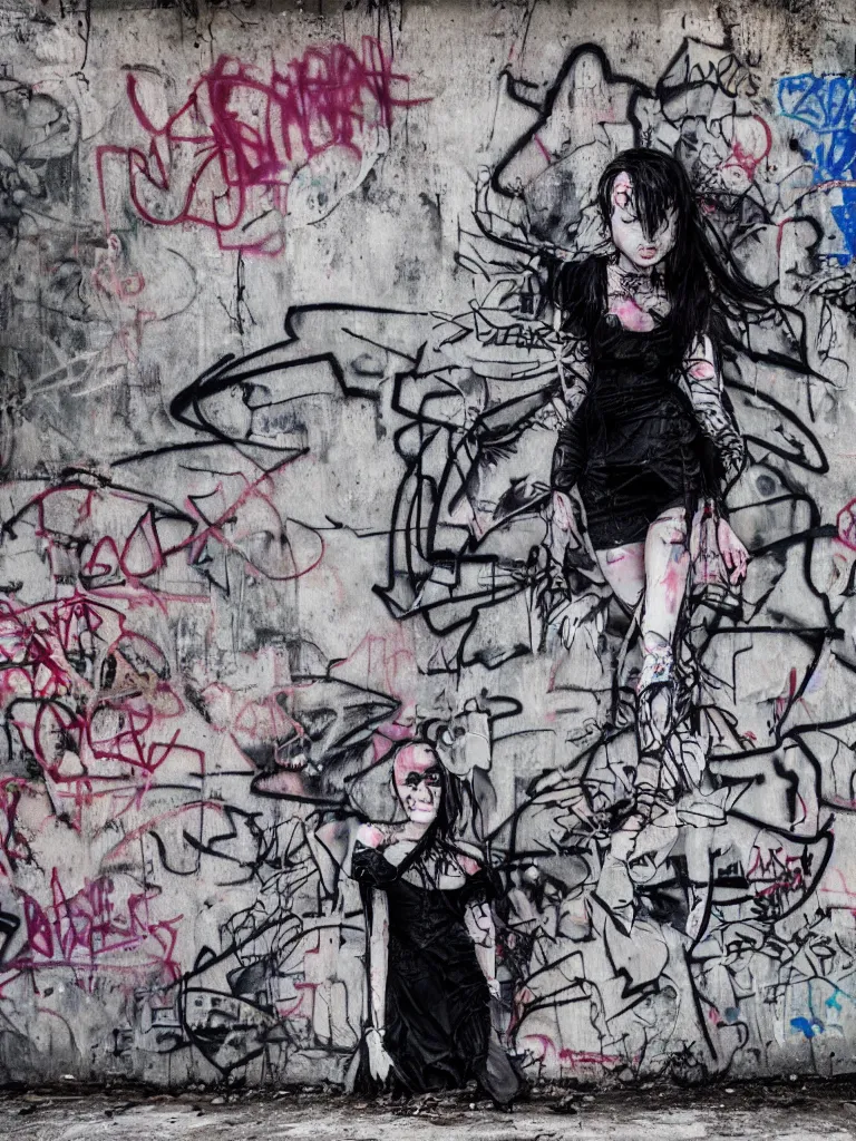 Image similar to graffiti in an abandoned overgrown warehouse, cute fumo plush gothic black enigmatic maiden girl painted in spilt ink and washed watercolor lurching out of the portrait in 3 d, avant garde pop art, filmic, captured on canon eos r 6