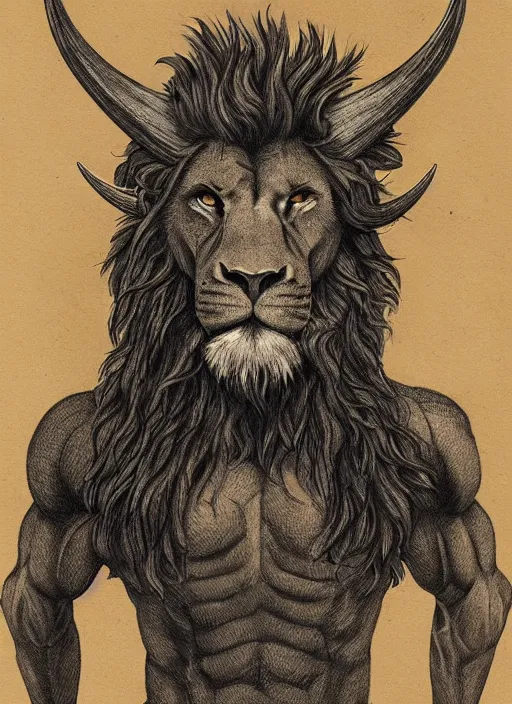 Image similar to a mighty strong creature with the body and eyes of a man with the beak of an eagle the mane of a lion and the horns of an ox. drawn by boris val