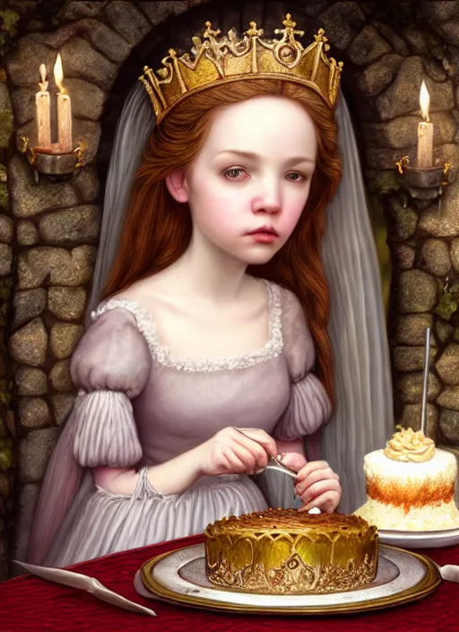 Image similar to highly detailed closeup portrait of an irish fairytale medieval princess eating cake, unreal engine, nicoletta ceccoli, mark ryden, lostfish, earl norem, global illumination, god rays, detailed and intricate environment