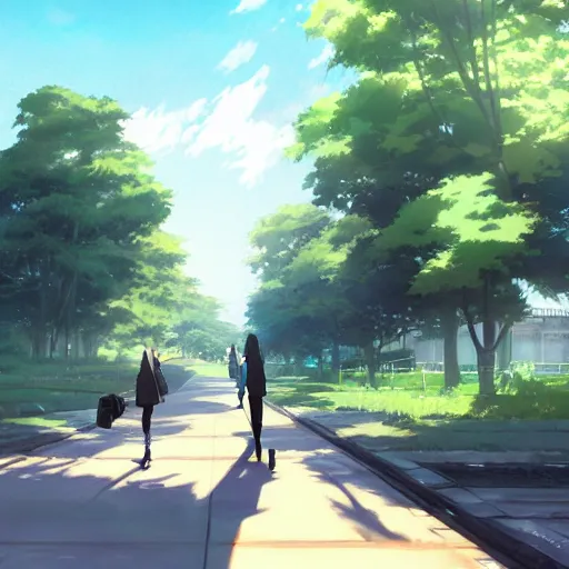 Image similar to The Road to School, Anime concept art by Makoto Shinkai