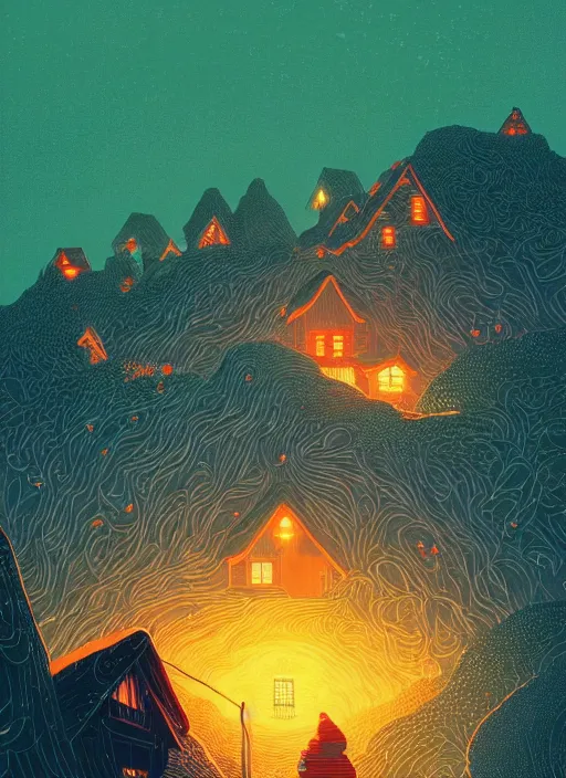 Prompt: cosy cottage in the mountains, epic scene, by victo ngai, kilian eng vibrant colours, dynamic lighting, digital art, winning award masterpiece, fantastically beautiful, illustration, aesthetically inspired by beksinski and dan mumford, trending on artstation, art by greg rutkowski, 8 k