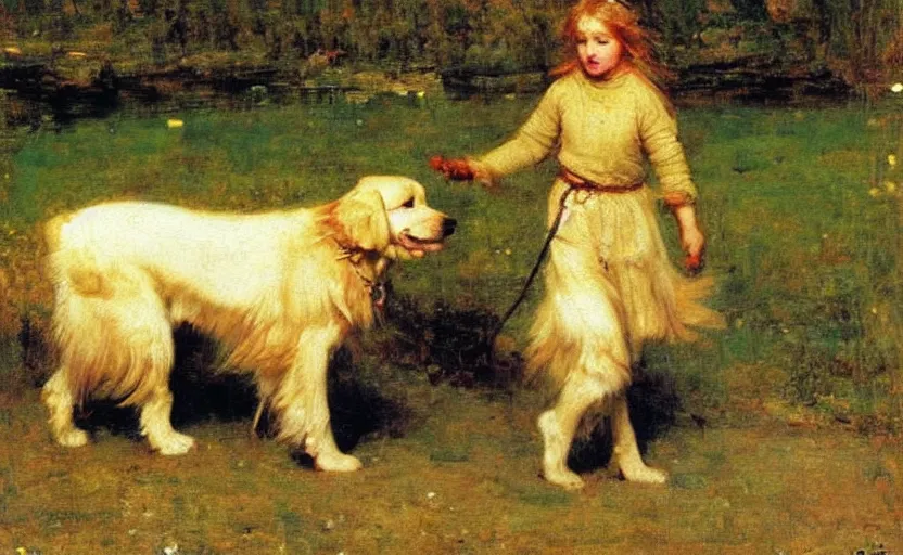 Image similar to a golden retriever walking though Siberia painted by John William Waterhouse