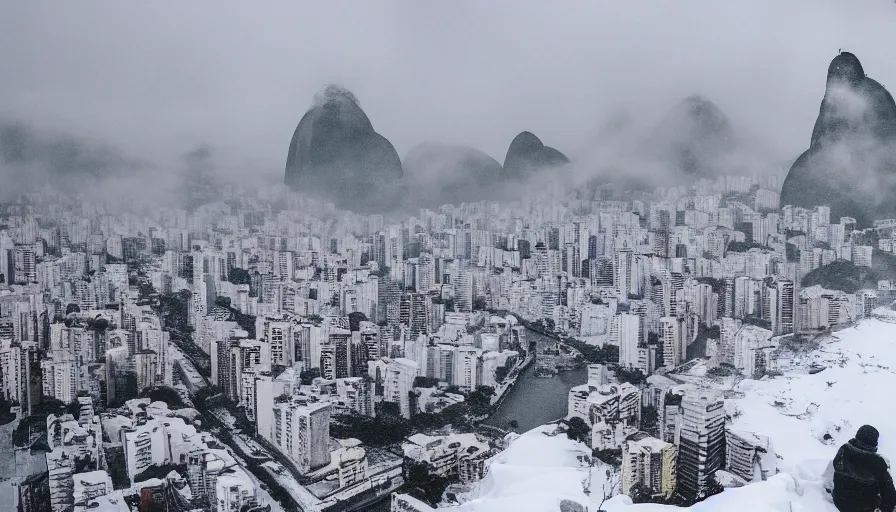 Image similar to the city of rio de janeiro covered in snow, winter photograph, snowing, 4 k, award winning photograph, beautiful, trending on instagram