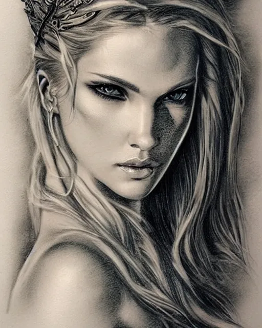 Image similar to tattoo sketch of beautiful greek goddess aphrodite, bow and arrow, beautiful piercing eyes, flowing blonde hair, realistic face, hyper realistic, in the style of greg rutkowski, fantasy, amazing detail, epic, intricate, elegant, smooth, sharp focus