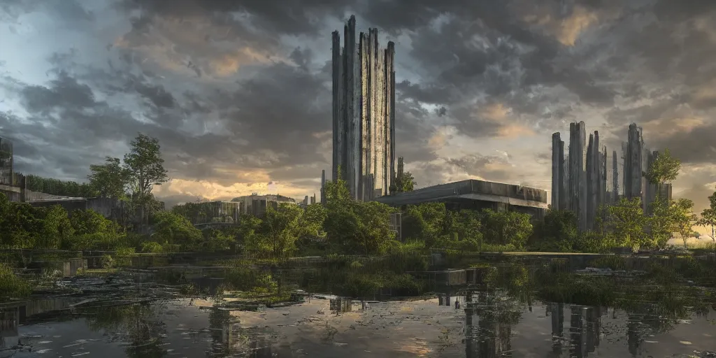 Image similar to an extremely detailed cathedral of brutalist architecture, surrounded by lush green forest, ponds of water, stunning volumetric lighting, sunset, rusted metal, solid concrete, stunning skies, trending on Artstation, 8k, photorealistic, hyper detailed, unreal engine 5, IMAX quality, cinematic, epic lighting, in the style of Greg Rutkowski