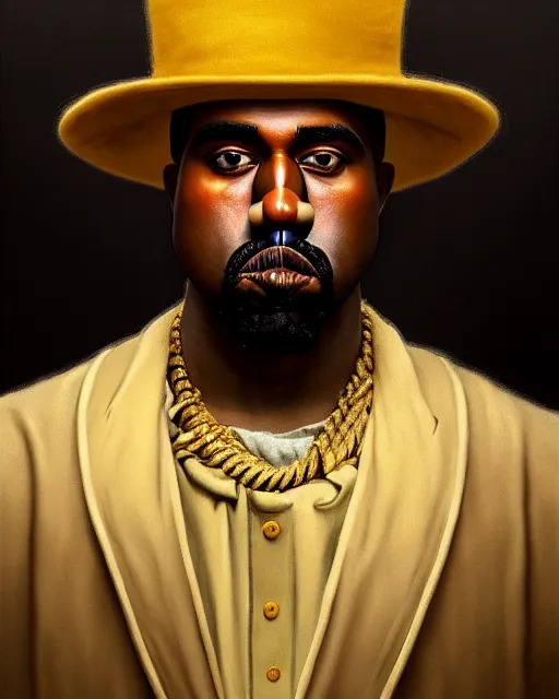 Prompt: medium - shot oil portrait of a clown played by kanye west, artstation, highly detailed digital painting, smooth, global illumination, fantasy art by greg rutkowsky, karl spitzweg, leyendecker