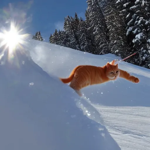 Image similar to a fully orange tabby cat skiing