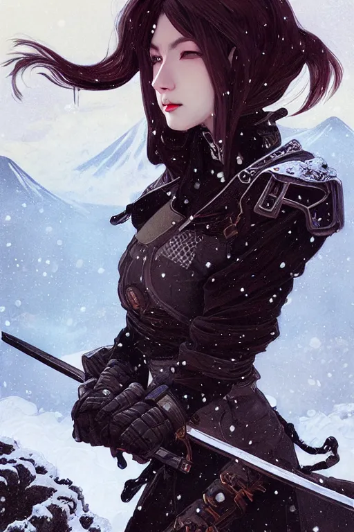 Image similar to portrait ninja gaiden girl, dieselpunk wardrobe, at snowy fuji mountain moonlight, fantasy, intricate and very beautiful and elegant, highly detailed, digital painting, artstation, concept art, smooth and sharp focus, cg by tian zi and wlop and alphonse mucha