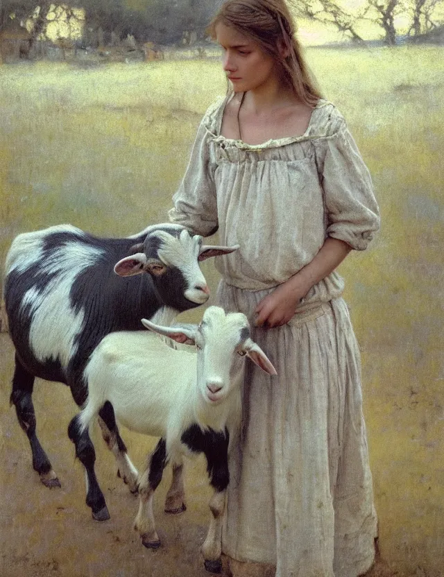 Image similar to portrait of peasant girl pet a goat, cottage core, cinematic focus, polaroid photo bleached vintage pastel colors high - key lighting, soft lights, foggy, by steve hanks, by lisa yuskavage, by serov valentin, by tarkovsky, 8 k render, detailed, oil on canvas