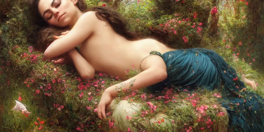 Image similar to Mila Kunis falling asleep, Lilia Alvarado, Sophie Anderson, Mark Arian, Bob Byerley, Charlie Bowater, Mark Brooks, Steve Henderson, Justin Gerard, Arthur Hughes, Edward Robert Hughes, Mark Keathley, Victor Nizovtsev, Carlos Shwabe, Ross Tran, WLOP