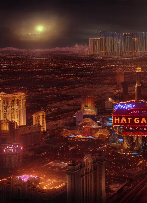 Prompt: realistic matte painting, full length portrait, duchess of blood, night shot of las vegas in background, highly detailed, CGsociety, subtle, concept art, HDR, hyper realistic, volumetric lighting, subsurface scattering, unreal