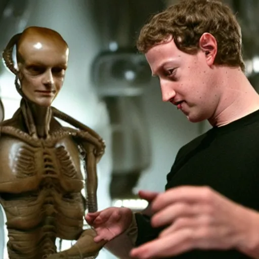 Image similar to mark zuckerberg inspecting the failed ripley clones experiments of himself from the movie Alien Resurrection.