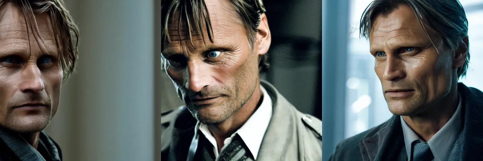 Prompt: close-up of Viggo Mortensen as a detective in a movie directed by Christopher Nolan, movie still frame, promotional image, imax 70 mm footage