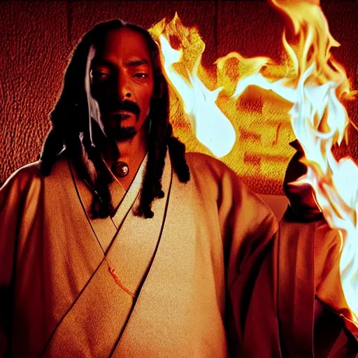 Image similar to cinematic film still of Snoop Dogg starring as a Samurai holding fire, Japanese CGI, VFX, 2022, 40mm lens, shallow depth of field, film photography