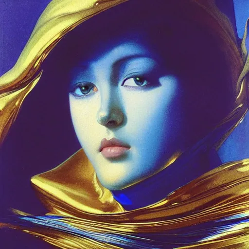 Image similar to a chrome woman's face in flowing sheets of cobalt blue gold chrome silver satin, by ivan aivazovsky syd mead moebius roger dean donato giancola michael whelan yoshitaka amano jan de heem pieter claesz paul delaroche alma tadema aelbert cuyp willem claesz isaac levitan, hyperrealistic volumetric light render