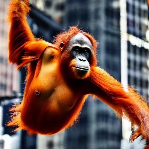 Image similar to a picture of a orangutan swinging in nyc times square, photorealistic