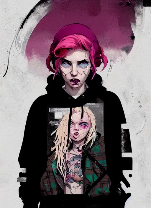 Image similar to highly detailed portrait of a sewer punk lady, tartan hoody, blonde ringlet hair by atey ghailan, by greg rutkowski, by greg tocchini, by james gilleard, by joe fenton, by kaethe butcher, gradient magenta, black, blonde cream and white color scheme, grunge aesthetic!!! ( ( graffiti tag wall background ) )