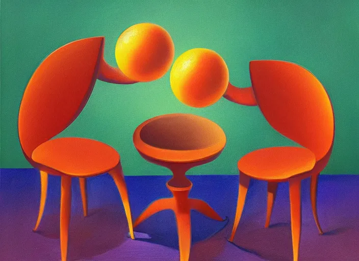 Image similar to a not finished painting by max ernst showing two chairs having a debate about apples or oranges., elegant, rainbow bubbles, highly detailed, digital painting, artstation, concept art, smooth, sharp focus, illustration