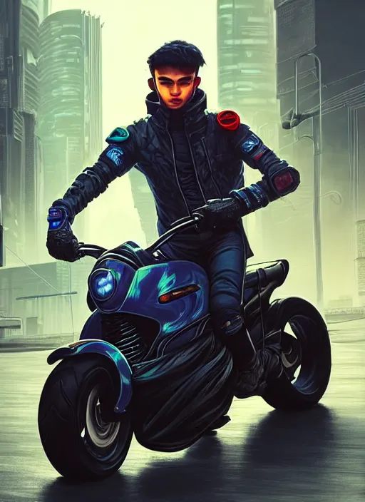 Image similar to photo of cyberpunk male teenager riding on a motorcyle in the style of stefan kostic, realistic, sharp focus, 8 k high definition, insanely detailed, intricate, elegant, art by stanley lau and artgerm