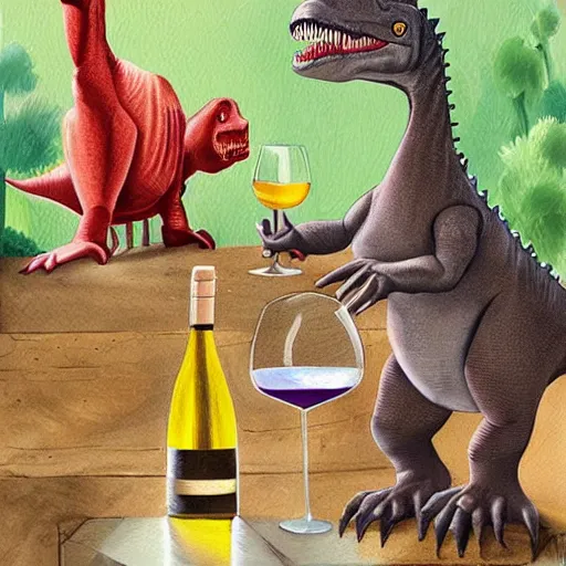 Prompt: two dinosaurs drinking wine