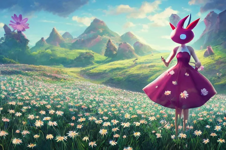 Prompt: ( low ) ( poly ) playstation 1 9 9 9 running ( ( anthropomorphic ) ) ( ( lurantis ) ) maid wearing a hat standing in a ( field of daisies ), mount coronet in the distance digital illustration by ruan jia on artstation