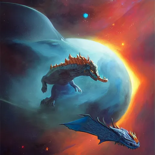 Prompt: Gigantic blue scaled dragon devouring an earth like planet while flying in space, sun system, charizard, nebula, oil painting, by Fernanda Suarez and Edgar Maxence and Greg Rutkowski