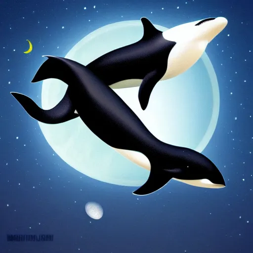 Image similar to Shamu the orca killer whale jumping over the moon. space, stars, planets. SeaWorld, ccean life, marine life. Trending on artstation