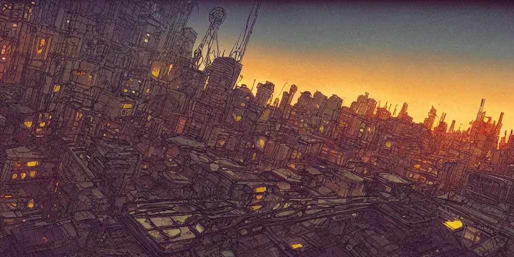 Image similar to ”a diesel punk city vista, Twilight, city lights, reflections, glares, perspective sky, HD, 8k, in the style of Katsuhiro Otomo, Ian mcque”