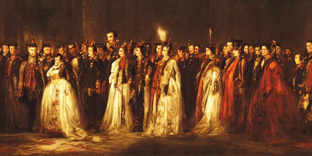 Prompt: Empress Sisi in a group of angry peasants at night, epic lighting