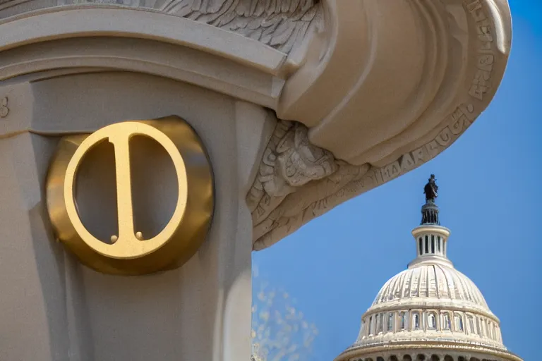 Image similar to Statue of a dollar sign outside of the United States Capitol, 4k, award winning photo