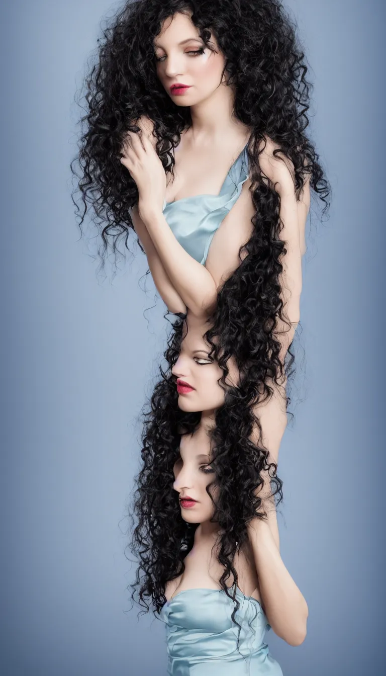 Prompt: a portrait photography of a beautiful woman with black long curly hair and full body dress in blu silk by Lindsay Adler, soft professional studio lighting, pastel colors scheme, fine art photography, dramatic colors backgroung, 50 mm sigma art