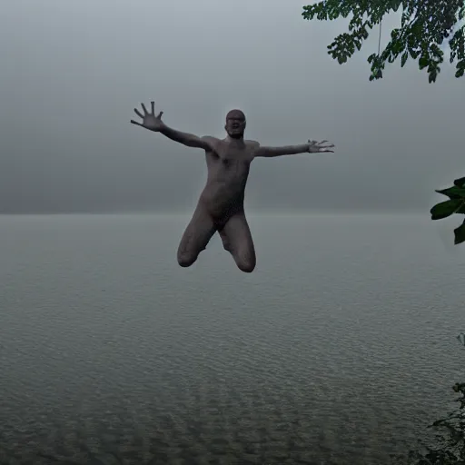 Prompt: semi translucent smiling frog amphibian floating over misty lake in Jesus Christ pose, cinematic shot by Andrei Tarkovsky, paranormal, spiritual, mystical