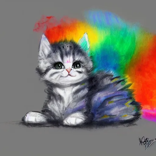 Prompt: wide angle full body, of a fluffy cute rainbow kitten wearing a black leather motorcycle jacket, concept art