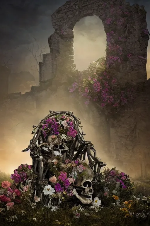 Image similar to a human skeleton full of flowers sitting in a destroyed and ruined throne in a ruined castle at sunrise, concept art, octane render, unreal engine 5, trending on Artstation, high quality, 8K, soft lighting, trending on DeviantArt, highly detailed, digital art, hyperrealistic, path traced, godrays, complementary colors, natural lighting, anatomically correct, five fingers