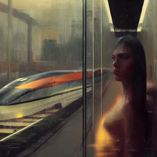 Image similar to detailed portrait of a woman, moment, cyberpunk mag - lev bullet train electronic billboards, tech noir, wet reflections, atmospheric, ambient, livia prima, greg rutkowski, edward hopper, pj crook