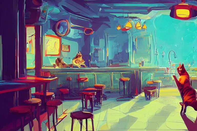 Image similar to a digital art of a cat sits on a chair in a bar in the afternoon, the sun shines in, animal, light effect, highly detailed, by anton fadeev