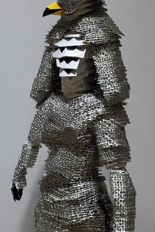 Image similar to female adventurer in tight full - body sticky note stack chainmail - style paper armor made out of several hundred sticky note stacks and a white porcelain crow mask, trending in artstation, japanese, artstation, establishing shot