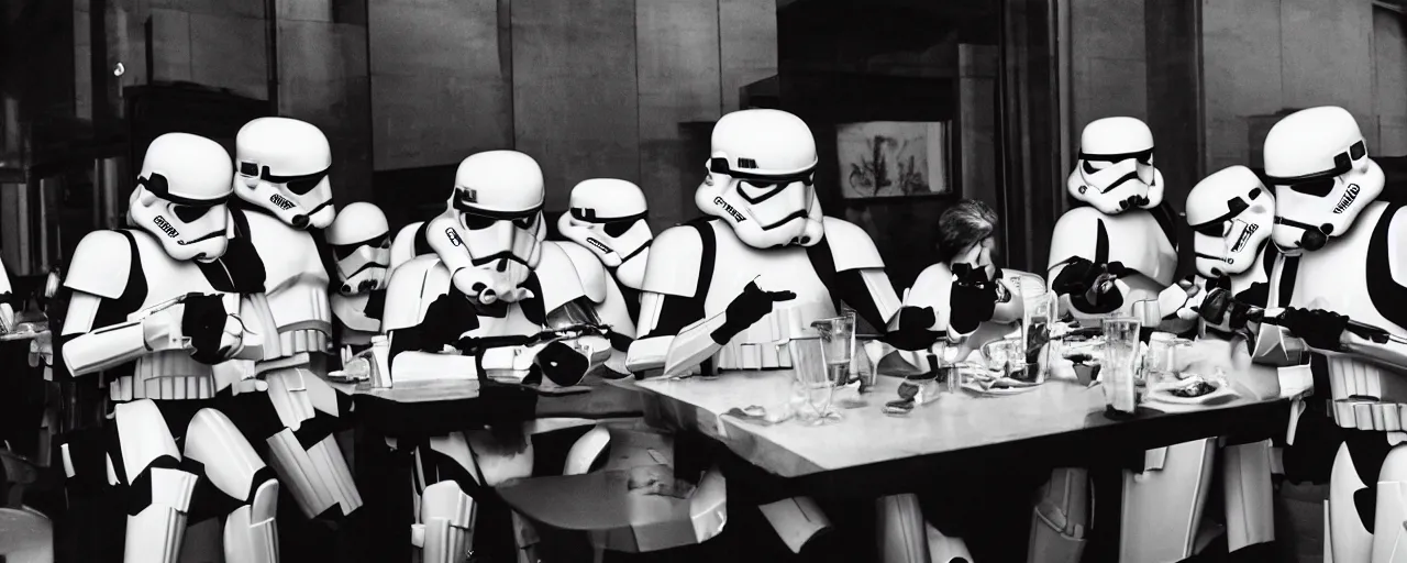 Image similar to Storm troopers out for dinner, the last supper, cinematic still frame, 80s, cinematography, anamorphic lens, kodak color film stock