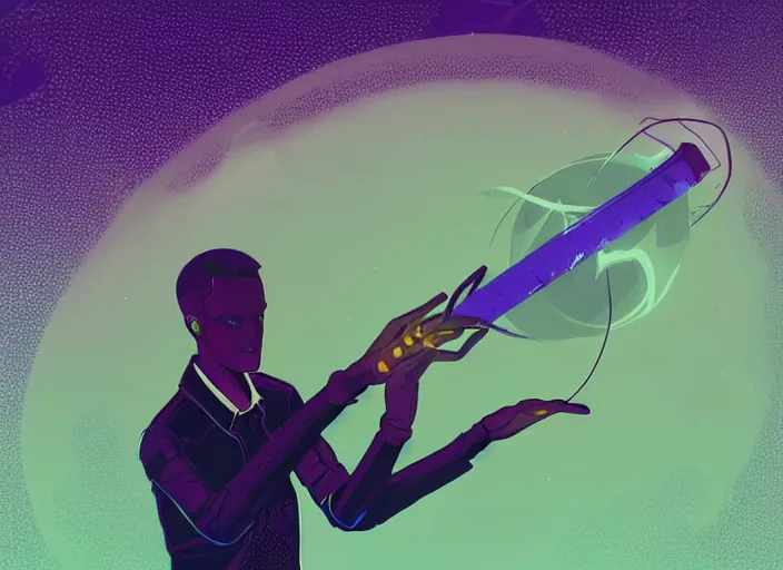 Prompt: cartoon of a man holding a futuristic wand, digital art by kilian eng, cgsociety, afrofuturism, tesseract, sci - fi, future tech