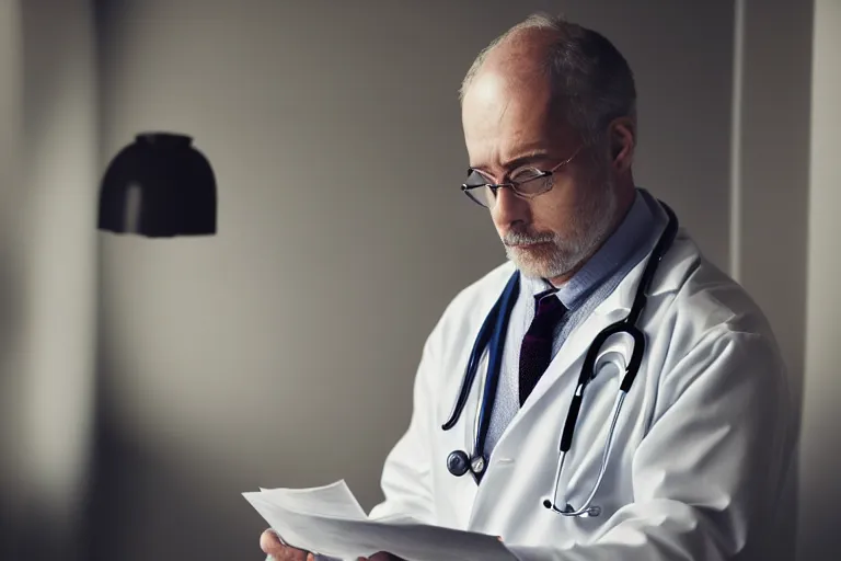 Image similar to a cinematic headshot portrait of an doctor reading his notes, moody lighting, movie still, shallow depth of field, muted colors