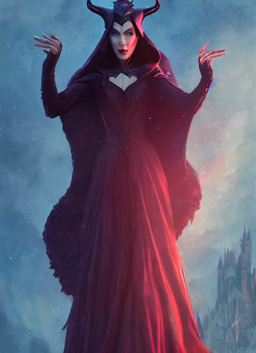 Image similar to scarlet witch as maleficent, naturel, hyper detailed, digital art, trending in artstation, cinematic lighting, studio quality, smooth render, unreal engine 5 rendered, octane rendered, art style by klimt and nixeu and ian sprigger and wlop and krenz cushart