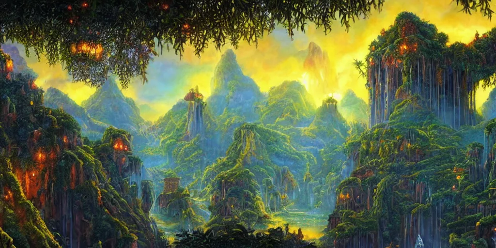 Image similar to fantasy oil painting, regale, fortress mega structure city, colossus of rhodes, atlantis, hybrid, looming, warm lighting, overlooking, epic, lush plants flowers, rainforest mountains, bright clouds, luminous sky, outer worlds, cinematic lighting, michael cheval, michael whelan, oil painting, natural tpose