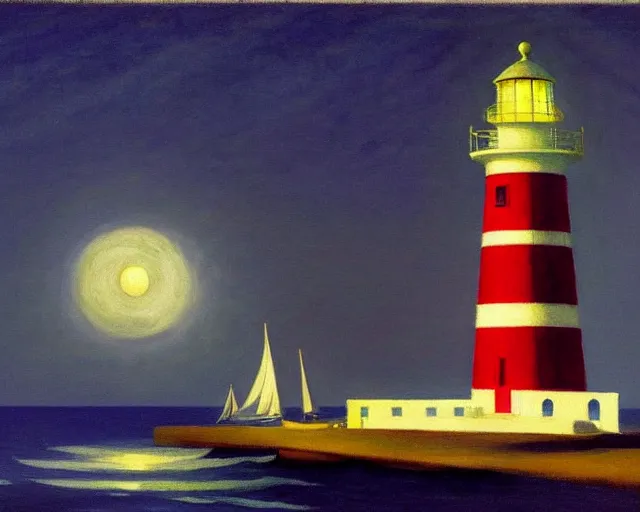 Image similar to a stunning maritime painting of a sailing ship, a lighthouse, the moon, a small house with the lights on, by edward hopper, award winning art, moody lighting