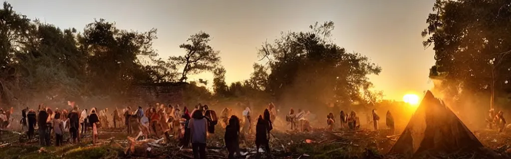 Prompt: group of humans huddled around a bonfire in a decaying building with the world outside overgrown and in ancient architecture ruins from a higher perspective with dramatic lighting photographed with an animorphic lens, rendered in a cinematic hazy dusk sunset golden hour atmosphere