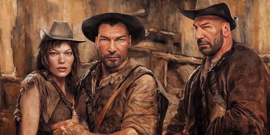 Prompt: oil painting medium close up of Mila Jovovich and Dave Bautista in the old west in a rustic cabin on the prairie