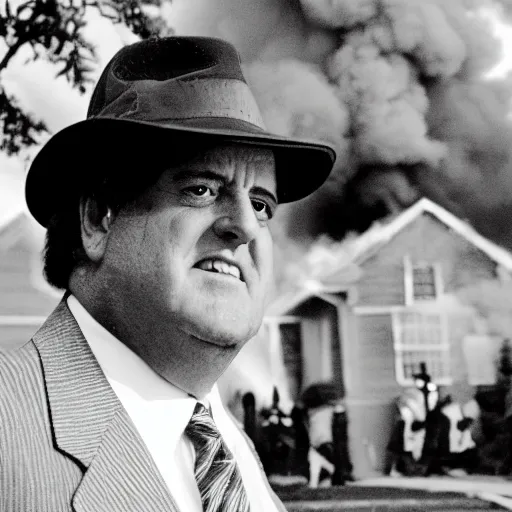 Prompt: a photo of a house burning down in the background and chris berman with an eerie expression in the foreground, strong depth of field