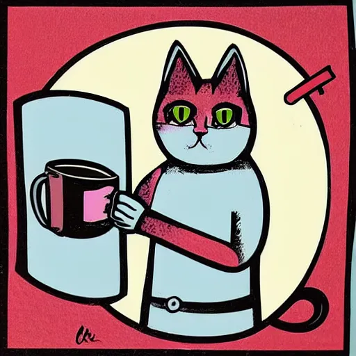 Image similar to a cute cat is drinking coffee. modern printmaking
