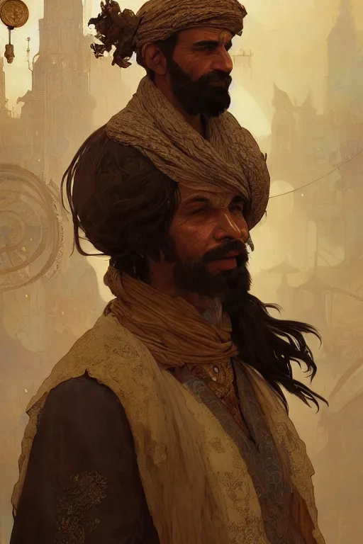 Prompt: A full portrait of an ancient Persian traveling merchant intricate, elegant, highly detailed, digital painting, artstation, concept art, smooth, sharp focus, illustration, art by Krenz Cushart and Artem Demura and alphonse mucha