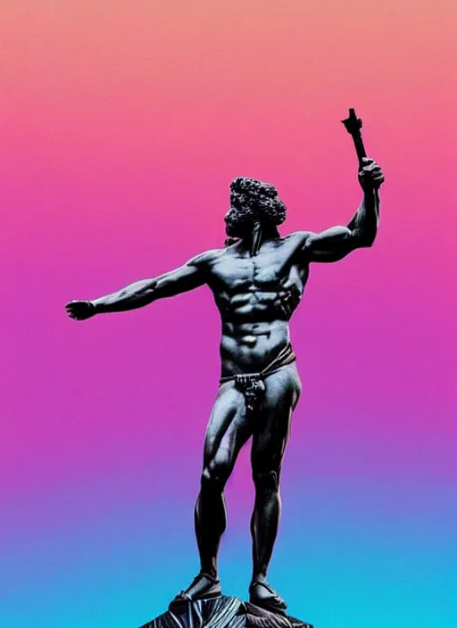 Prompt: statue of victorious hercules, beeple, vaporwave, retrowave, abstract neon shapes, tonal separation, black background, glitch, pixel sorting, strong contrast, pinterest, trending on artstation