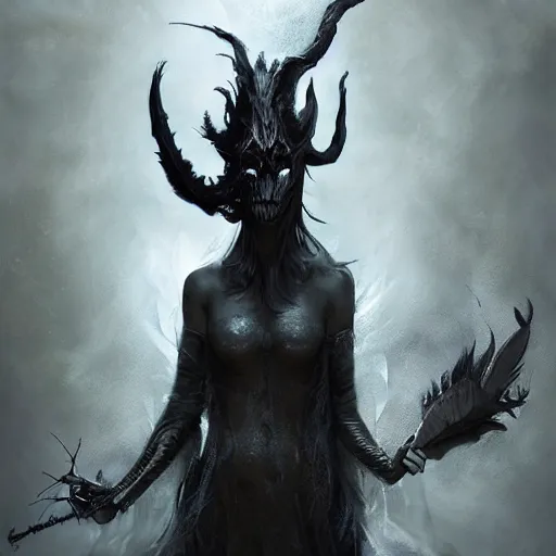 Prompt: 3 d rendered digital art by bastien lecouffe deharme of a eldritch wraith, black spidery mist, billowing shadows and black feathers, black halo nimbus, devils horns, dante's inferno, 8 k dop dof